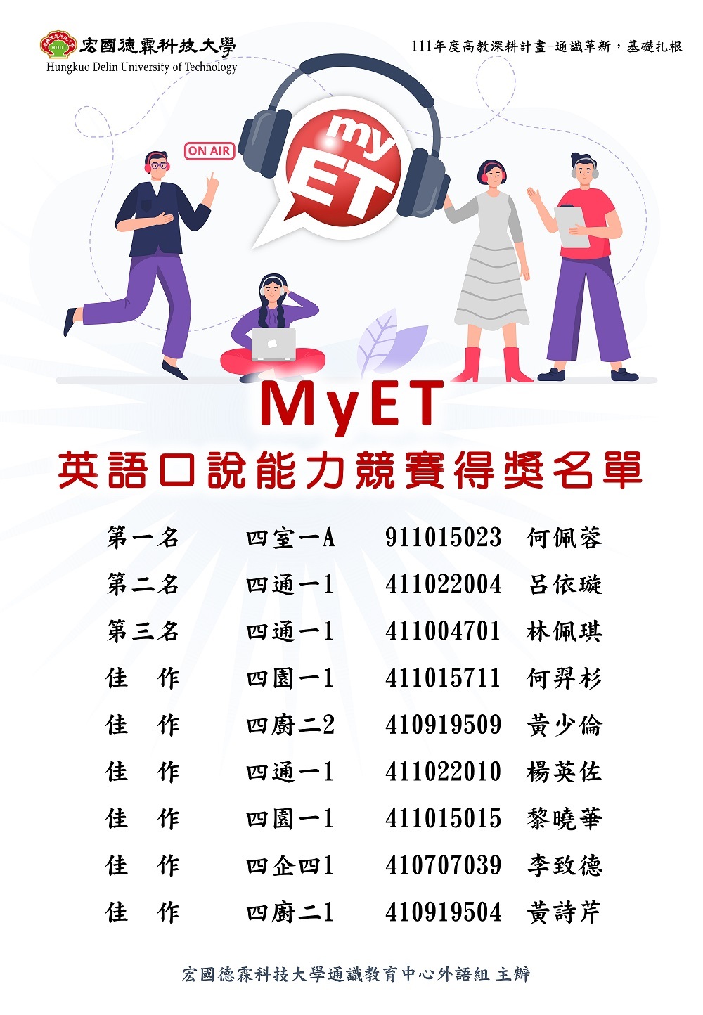 110學年度-第2學期-MyET英語口說能力競賽得獎名單